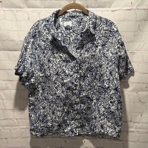 Sigrid Olsen Linen Navy & White Paisley Button Up Short Sleeve Shirt Woman’s L